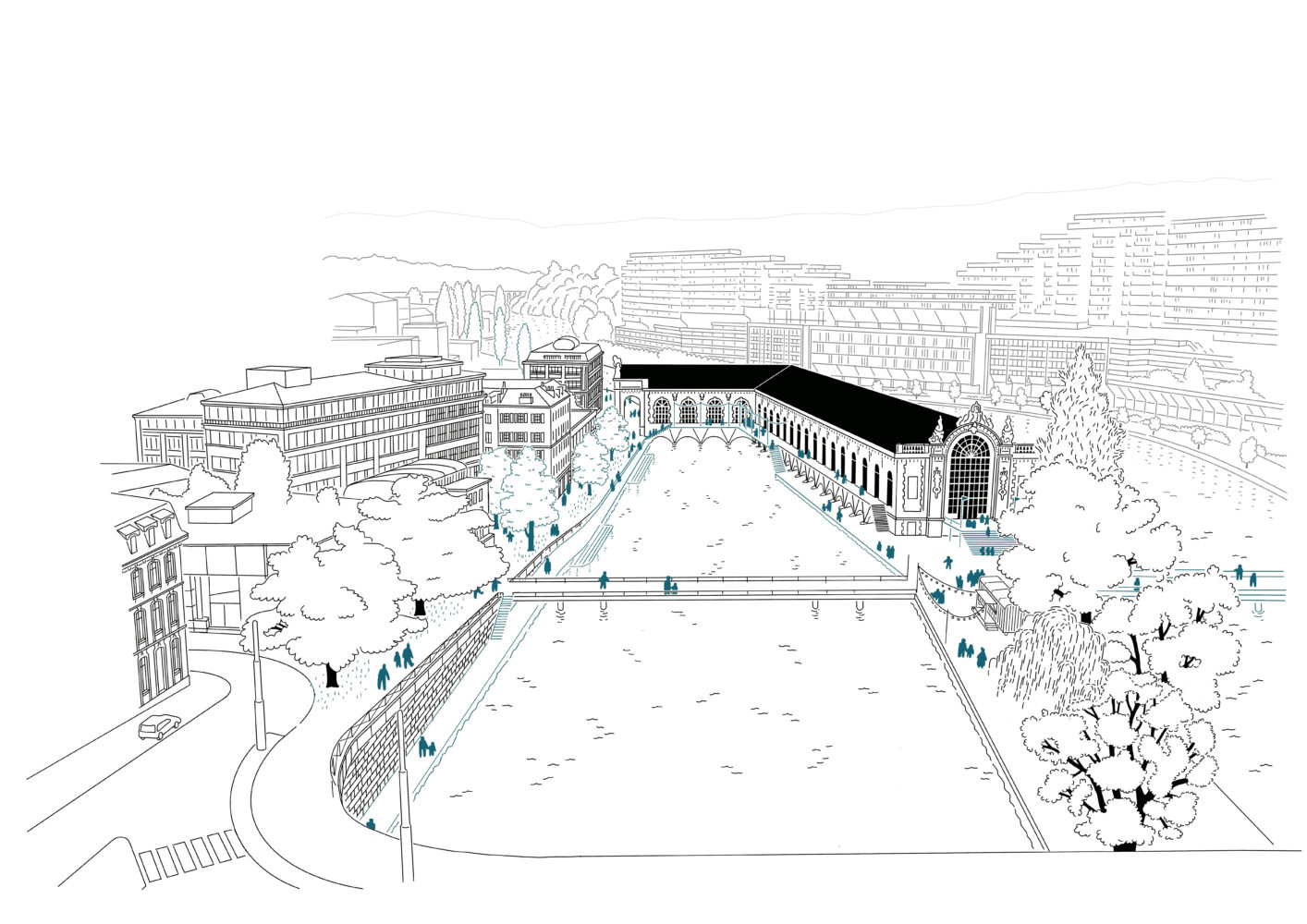 croquis BFM berge du rhone transformation bâtiment des forces motrices Genève