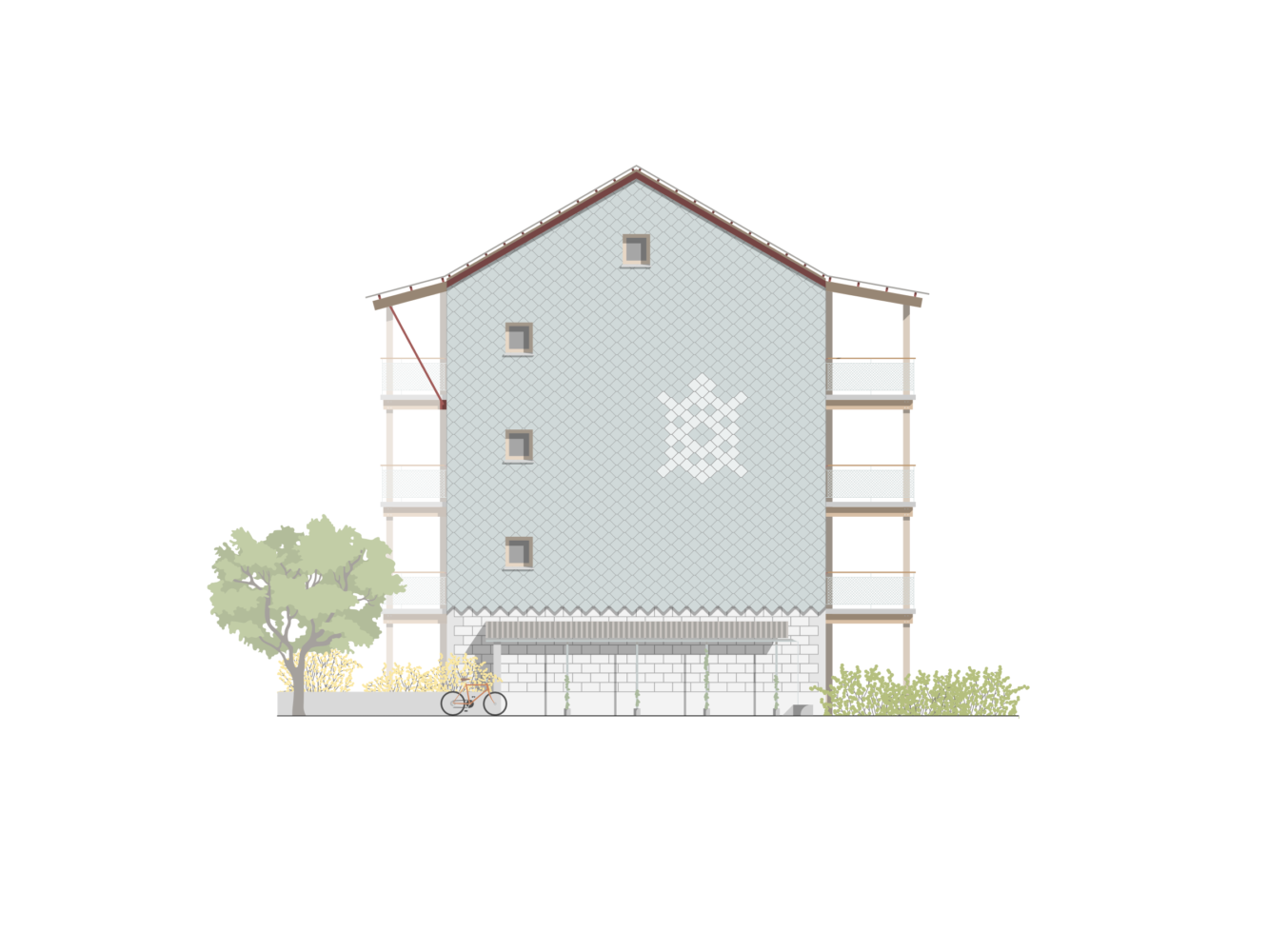 Façade bâtiment - Quartier d'habitation de coopérative à Presinge