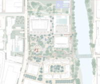 Plan d'ensemble d'une place publique avec un château d'eau et buvette à Genève.