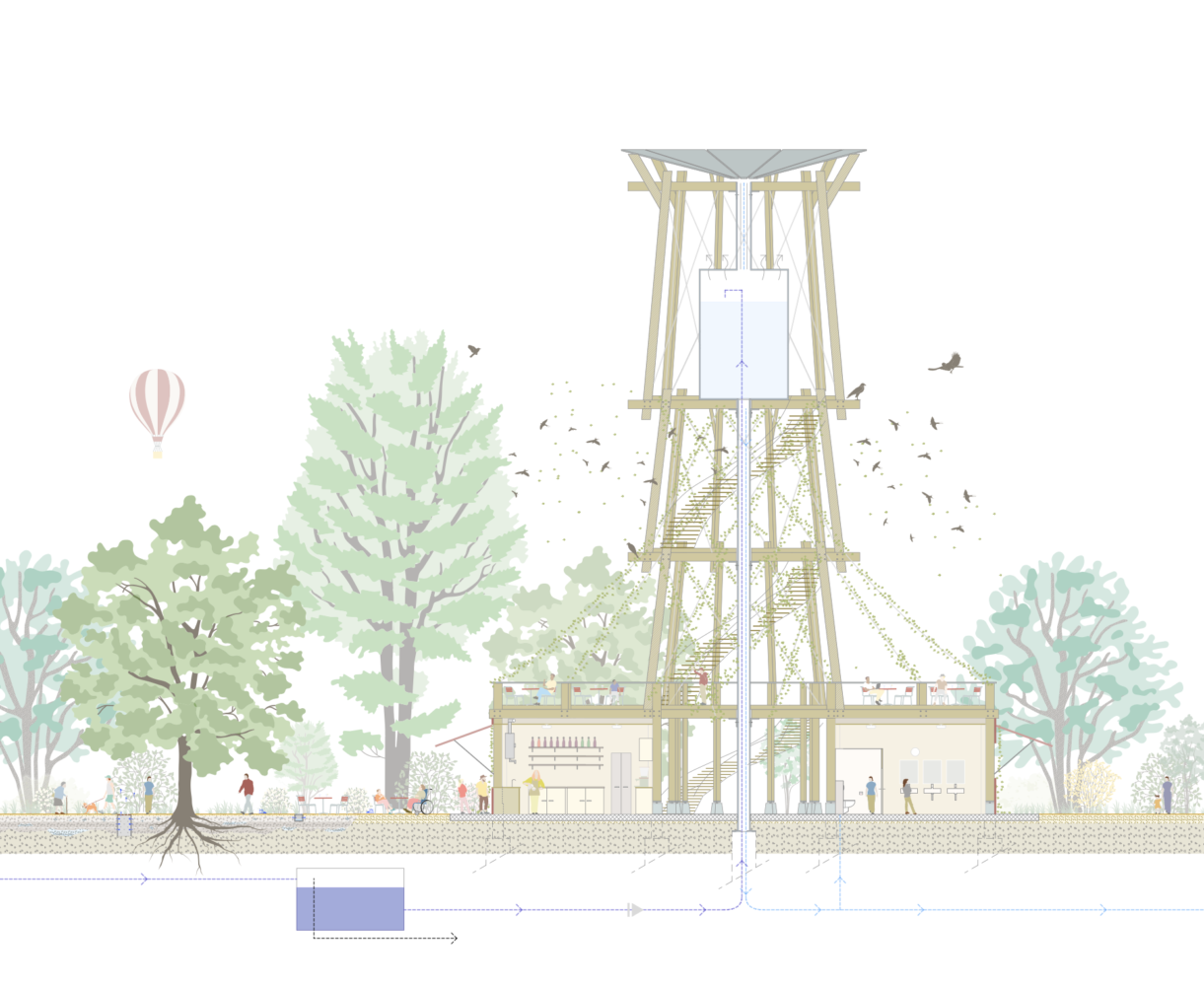 Détail du château d'eau et buvette