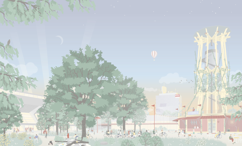 Place publique avec un château d'eau et buvette. Irrigation eau piscine.