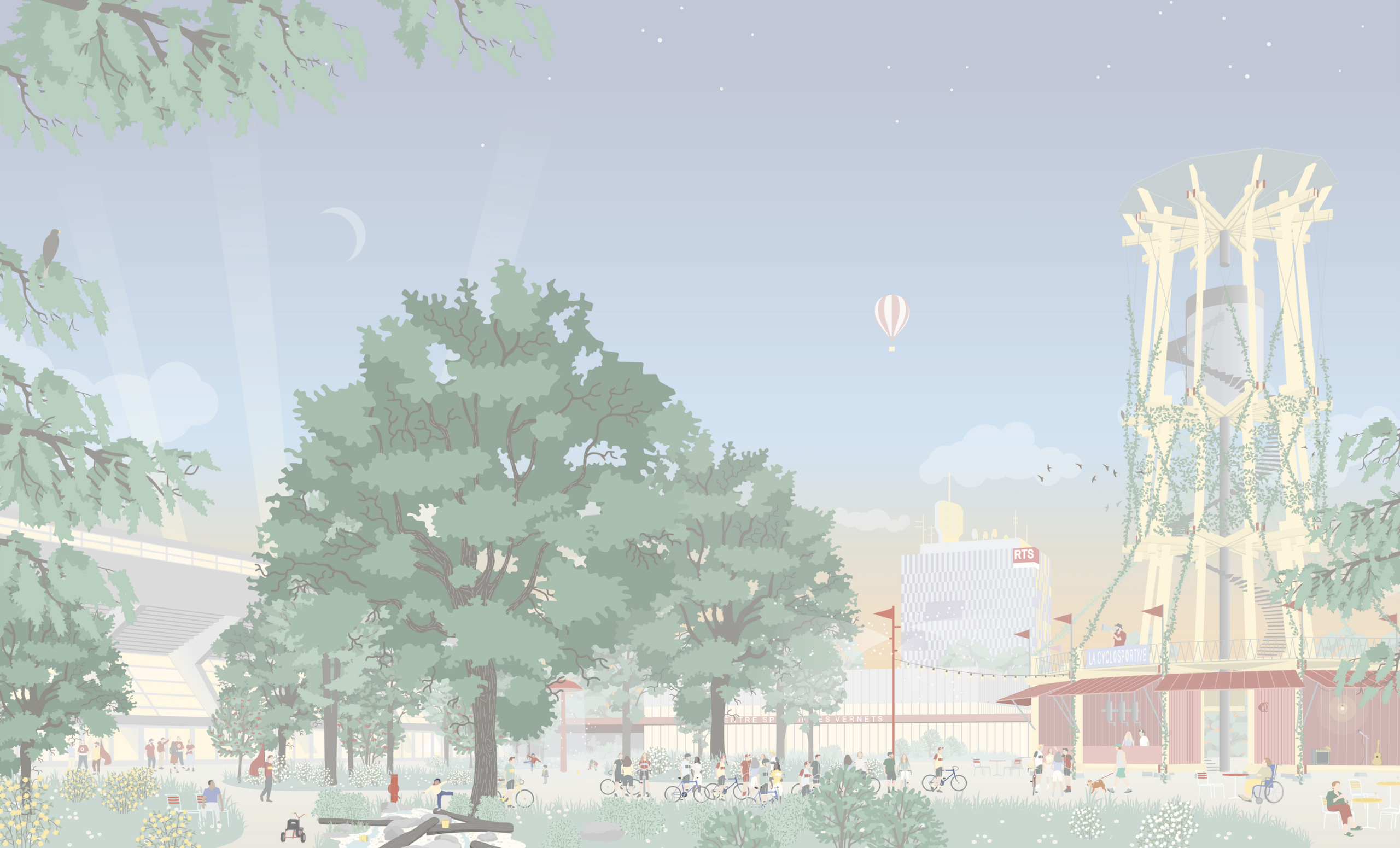 Place publique avec un château d'eau et buvette. Irrigation eau piscine.